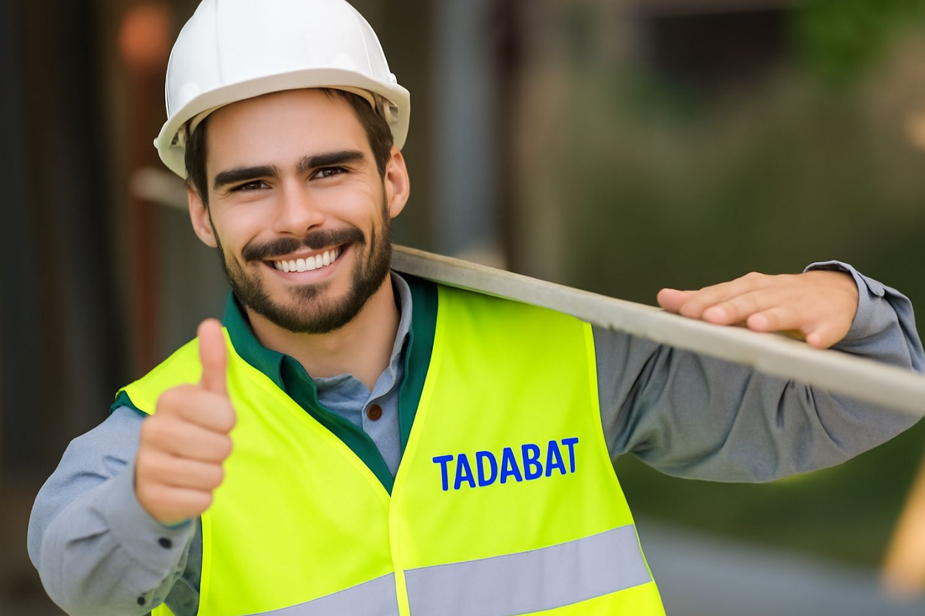 Artisan sur chantier portant casque et gilet